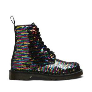 Sz 7 or 38 Women's  Doc Dr Martens 1461 Pascal Boot - Flip Sequin Rainbow Silver